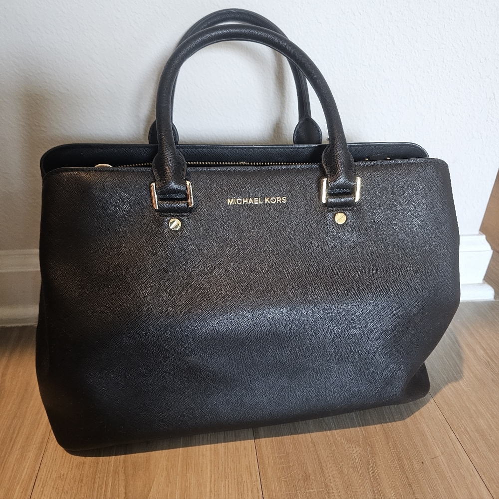 Michael Kors Black Leather Top-Handle Satchel with Gold Hardware